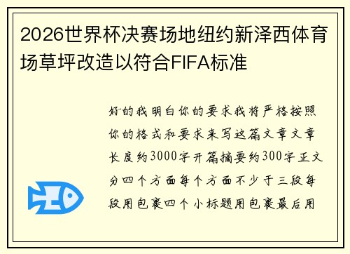 2026世界杯决赛场地纽约新泽西体育场草坪改造以符合FIFA标准