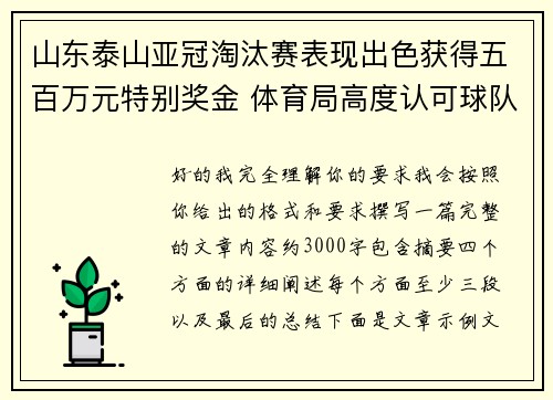 山东泰山亚冠淘汰赛表现出色获得五百万元特别奖金 体育局高度认可球队努力